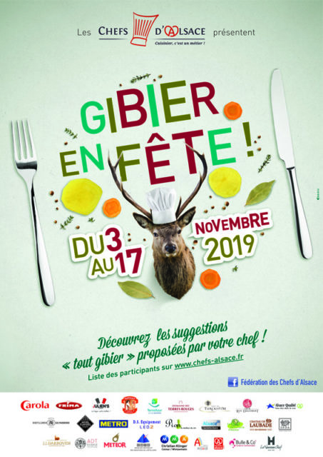 Affiche de l'opération Gibier en Fête organisée par la Fédération des Chefs d'Alsace du 3 au 17 novembre 2019.